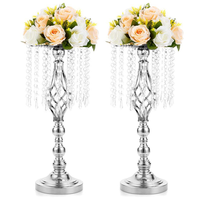 NUPTIO 2 Pcs 19.3 inches Tall Crystal Flower Stand Wedding Road Lead Tall Flower Holders Centerpiece Crystal Flower Chandelier Metal Flower Vase for Reception Tables Wedding Supplies - Image 1